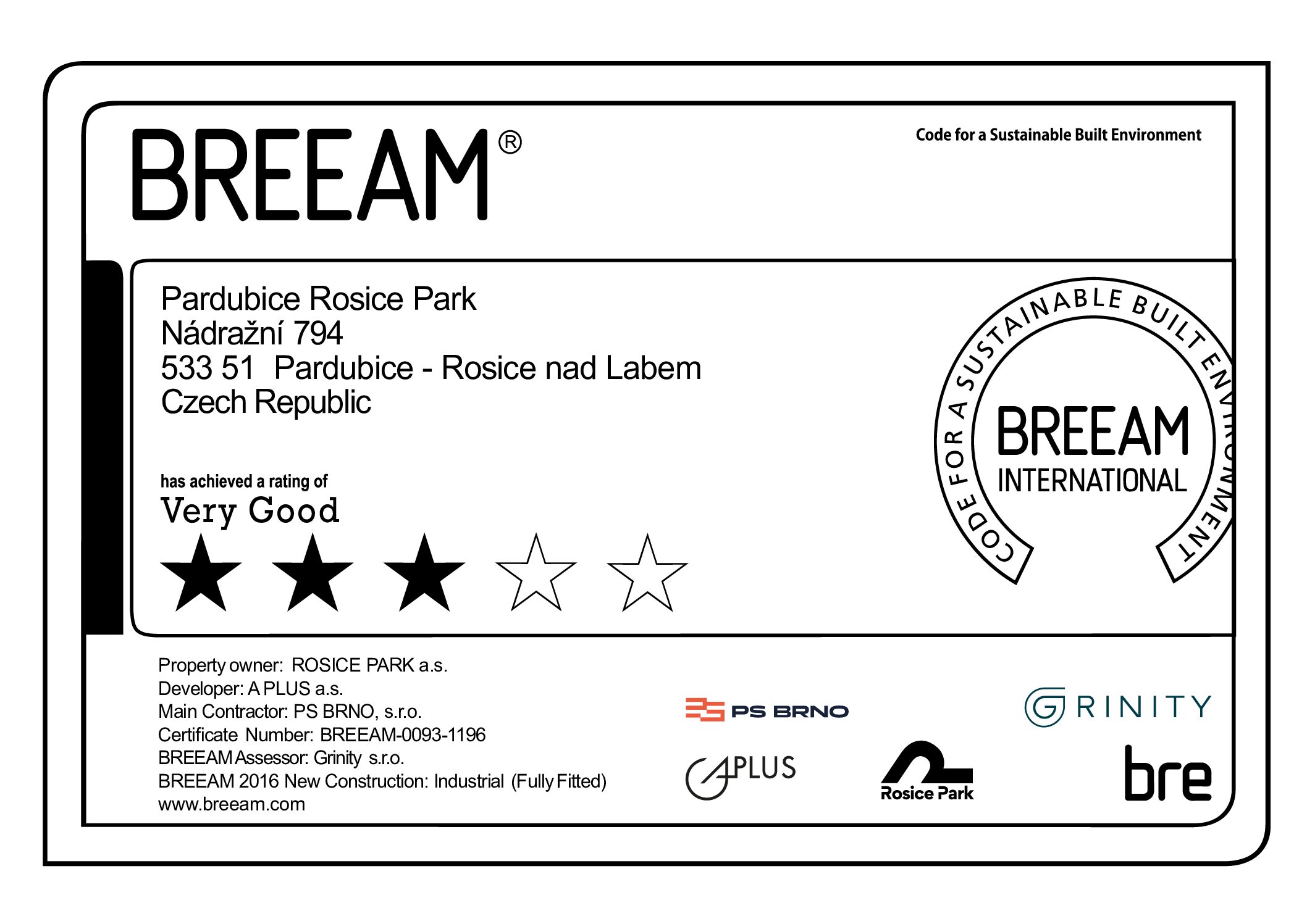 CERTIFIKACE BREEAM PRO AREÁL V PARDUBICÍCH